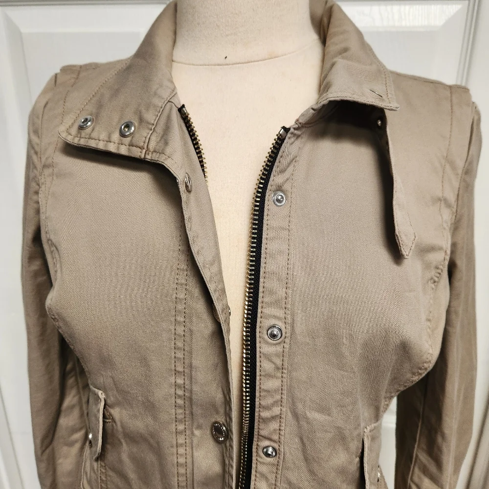 Taupe Fitted Buckle Collar Utility Jacket from White House Black Market. - Picture 3 of 15
